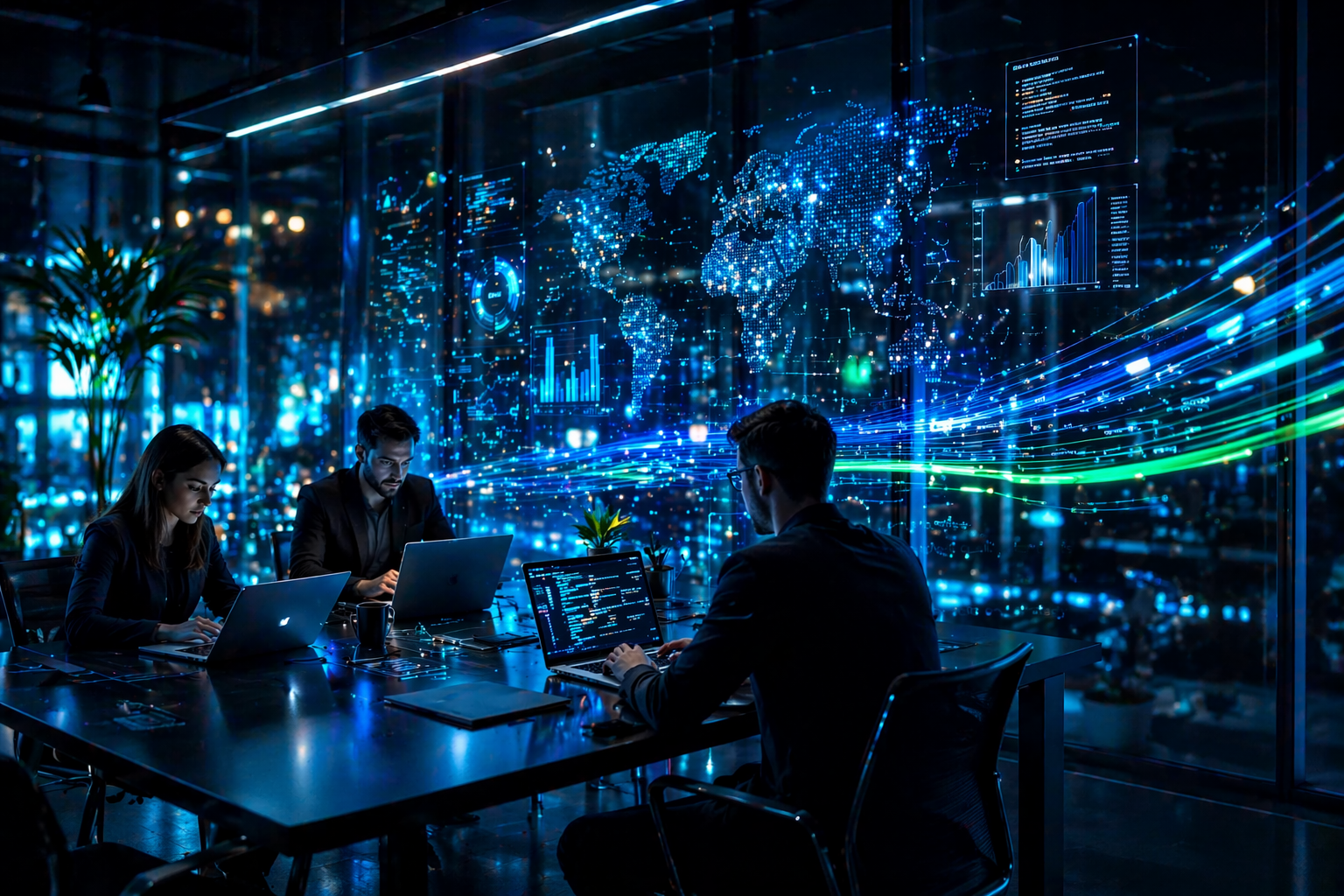 Team collaborating in a digital strategy workspace